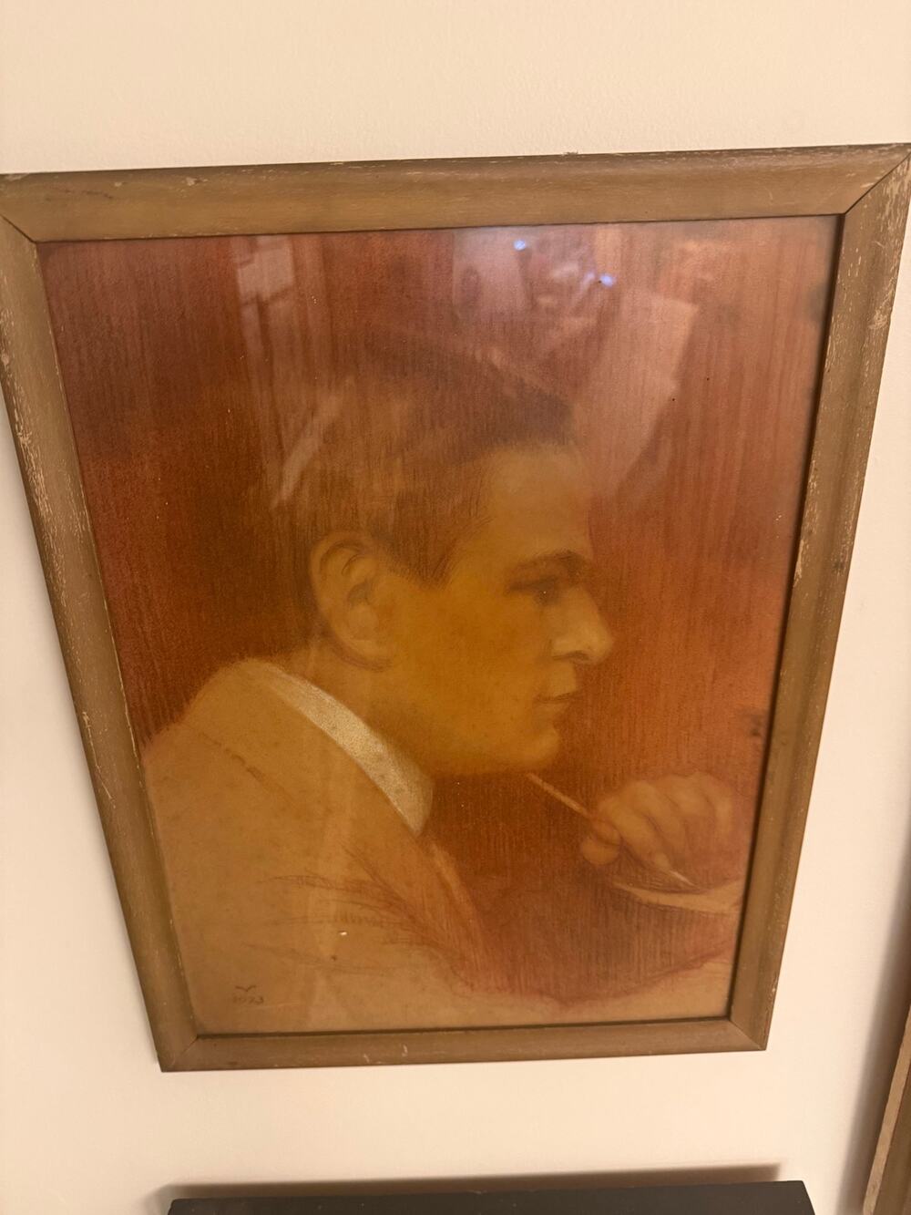 Vintage Portrait Drawing of a Man in Profile Framed 15x20”